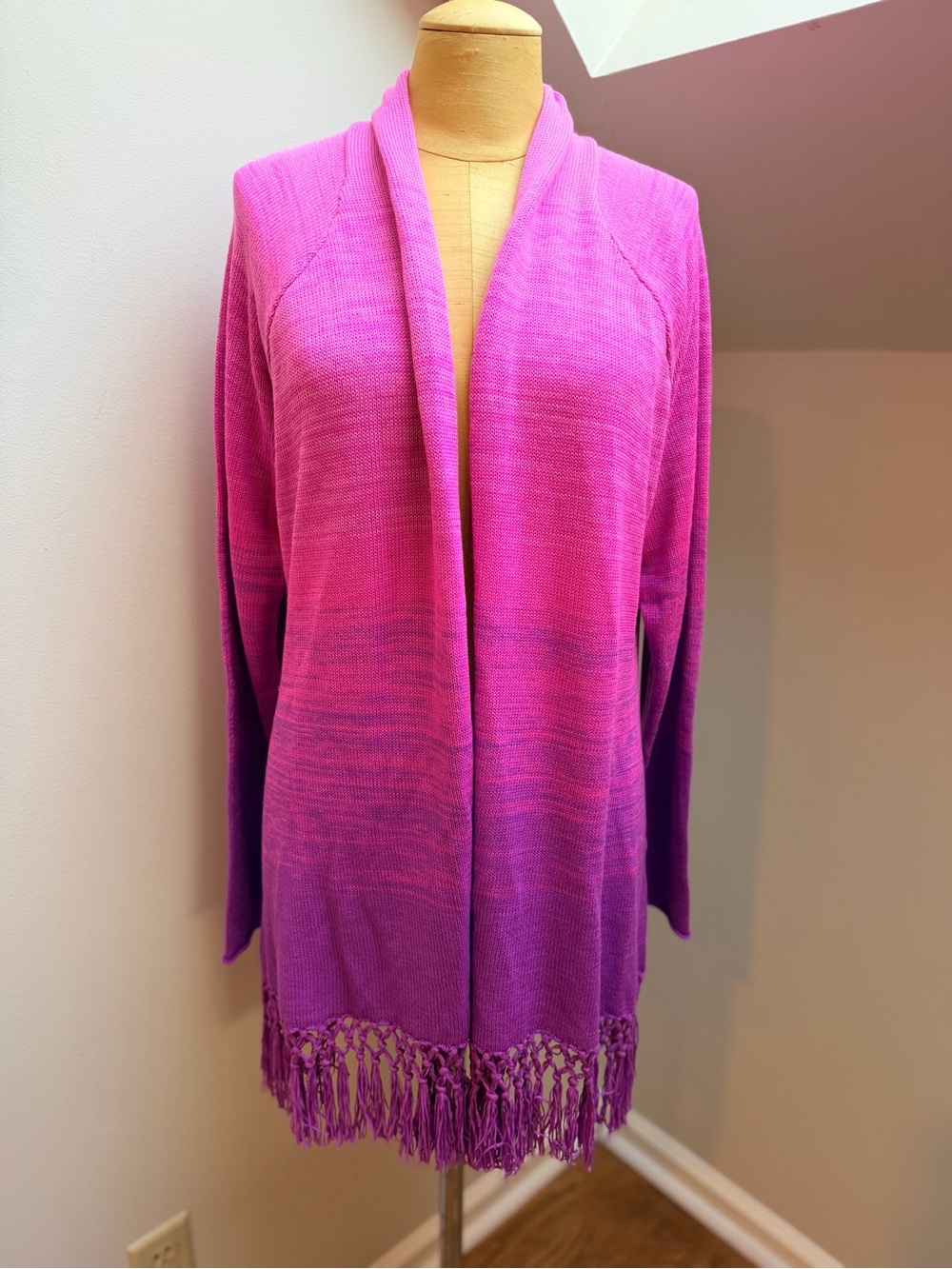 Lilly Pulitzer Tatum Cardigan Open-Front Pink Purple Ombre Fringe Sweater